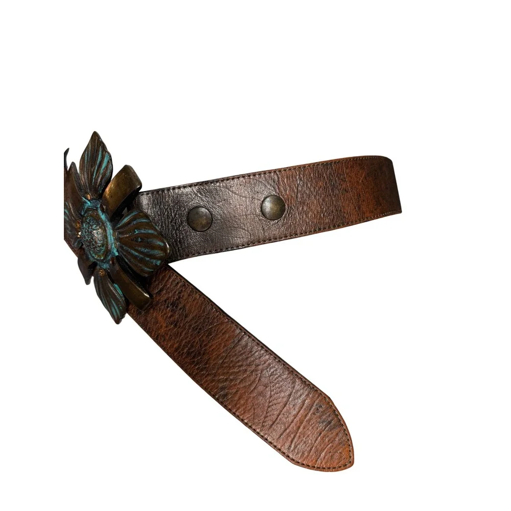 Leatherock Belt Statement 32 Brown Leather Floral Buckle Distressed Western 1489